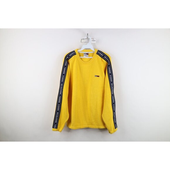 Vintage 90s Tommy Hilfiger Womens Large Spell Out Taped Logo Knit Sweater Yellow - Picture 1 of 14